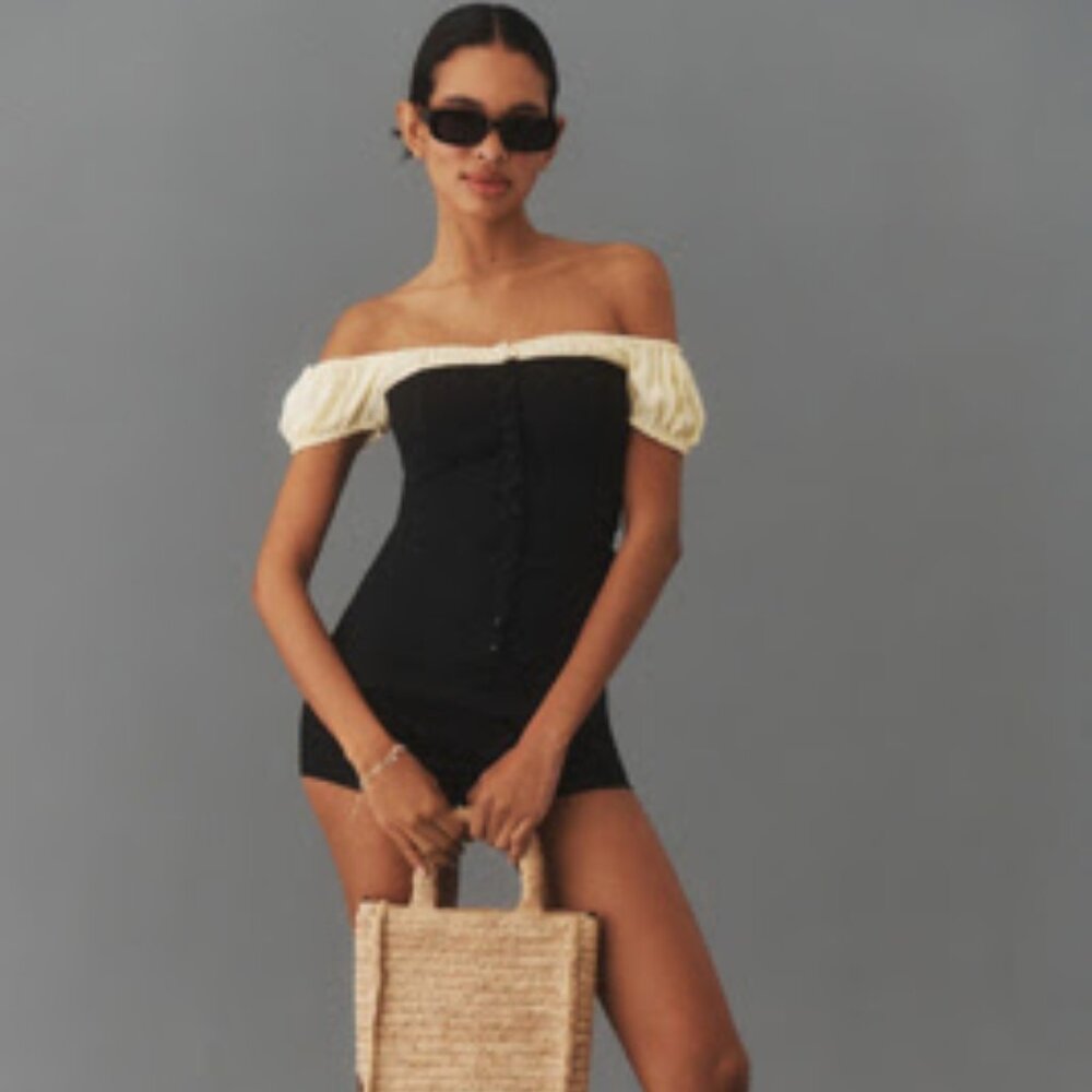 Victorian Anthropologie Maeve Off-The-Shoulder Linen Micro Romper - Size 6 NWT